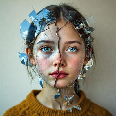 The primary subject of the image is a young girl with a split face, featuring two different colored eyes. The setting is a room with a backdrop of a city skyline. The visual style is a combination of a photo and digital art, creating a unique and intriguing image. The colors and mood are a mix of contrasting and complementary colors, with a sense of surrealism and artistic expression.